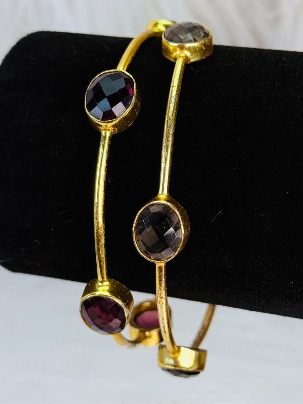 Vintage set of aged goldtone and colored accent Bangle bracelets